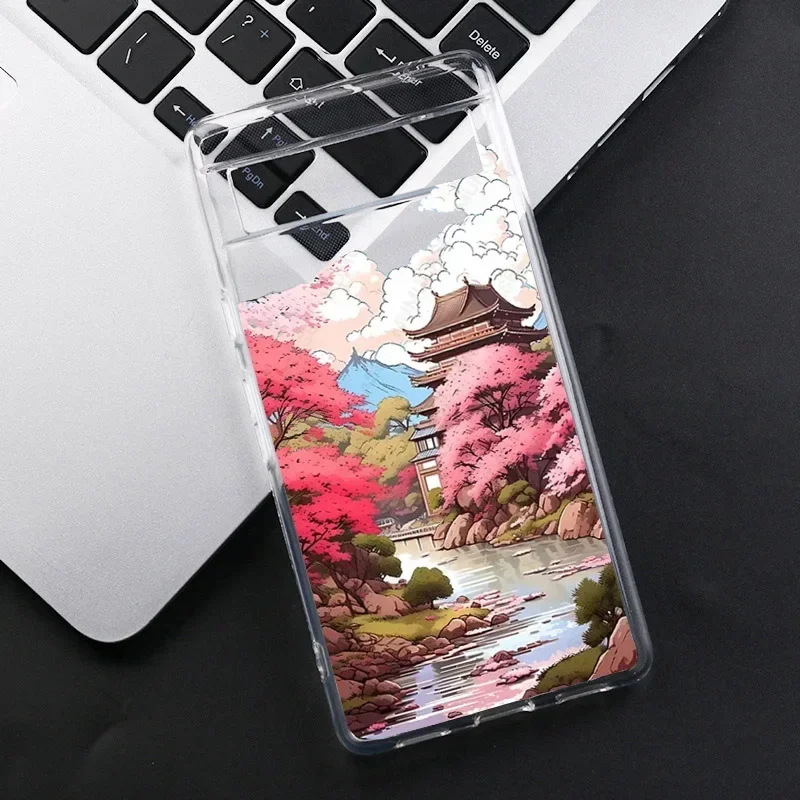 Japan Anime Street View Landscape Phone Case For Google Pixel 8A 8 7 Pro 6A 9 Pro  Scenery Pattern Transparent Soft Back Covers