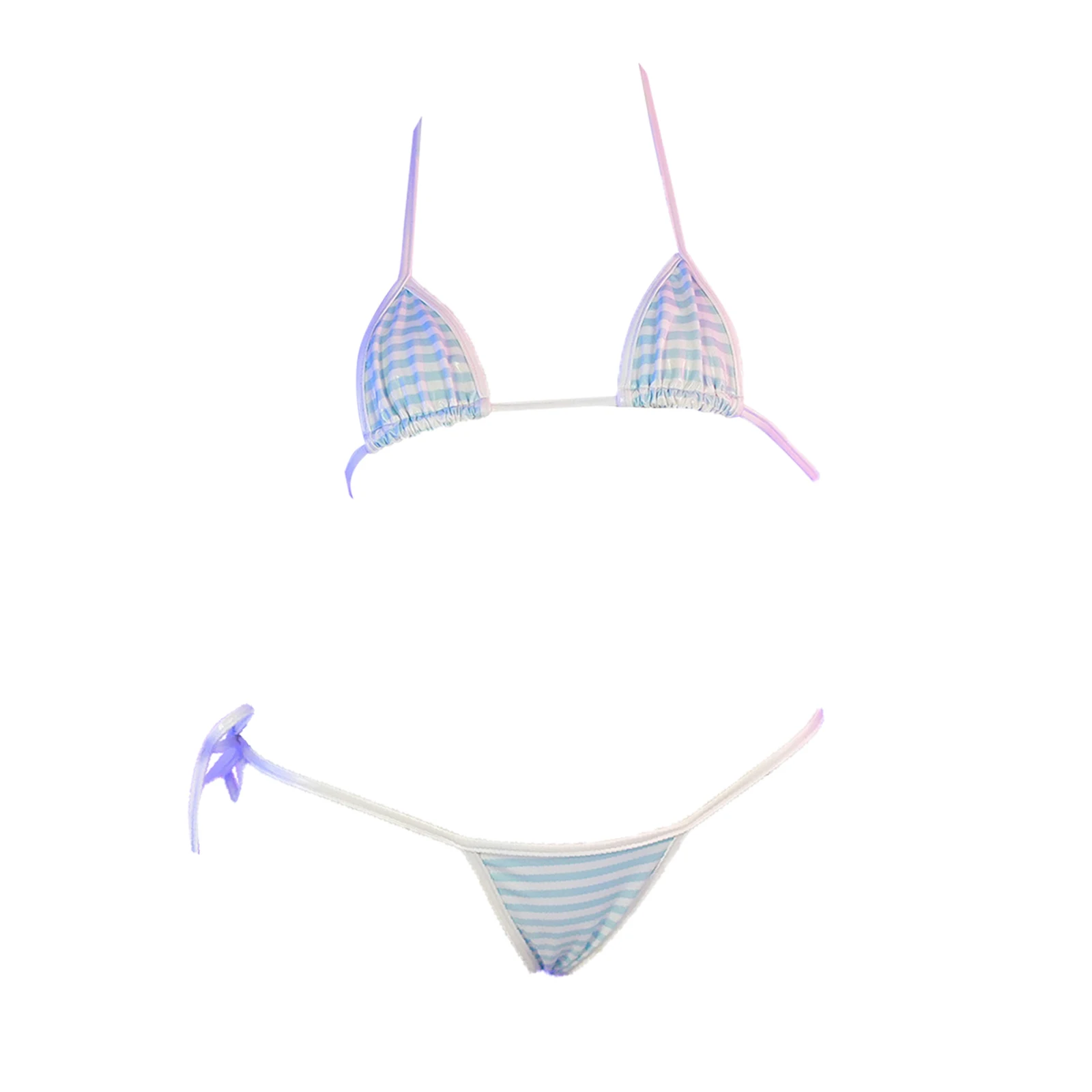 Dames stijlvol gestreept bikinibadpak zonder vulling halter bh-top met T-back slips lakleren lingerieset met veters