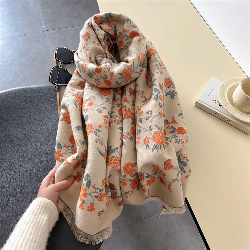 Elegant small floral double-sided scarf ladies autumn and winter small chinese-style printed imitation cashmere shawl thickened