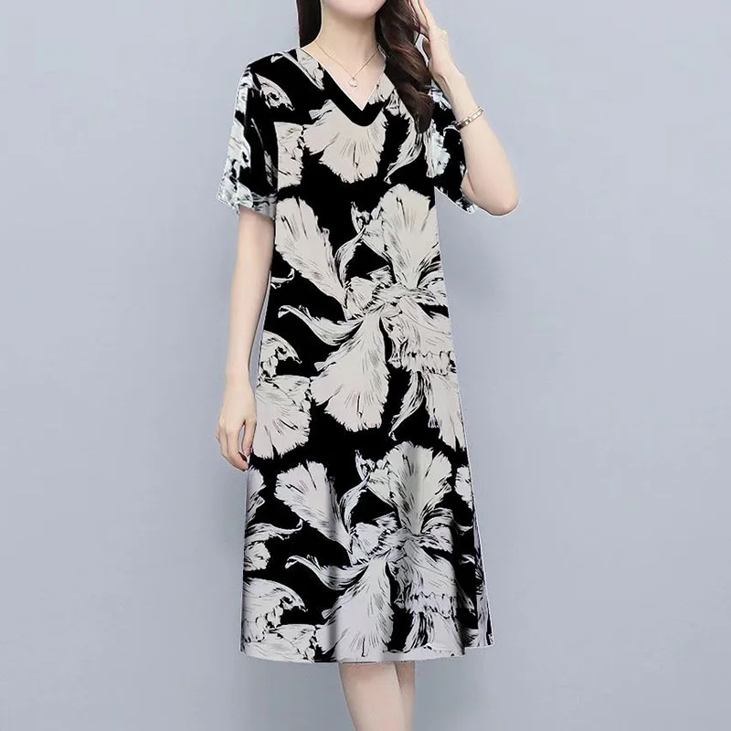 

Simplicity V-neck Dress for Women with Short Sleeves 2023 Summer Clothes Thin Style Drape Printing Loose-fitting Midi Dresses