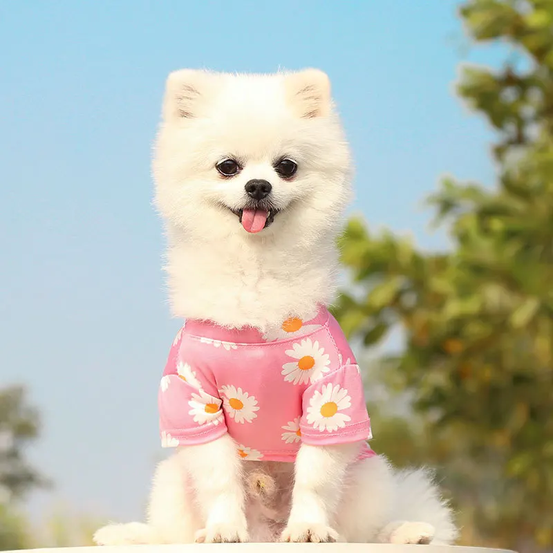 Little Daisy Short Sleeve Sweatshirt for Small Dogs Milk Silk Soft Cat Coat Overall Lovely Puppy Leisure Pink Color Pet Clothes