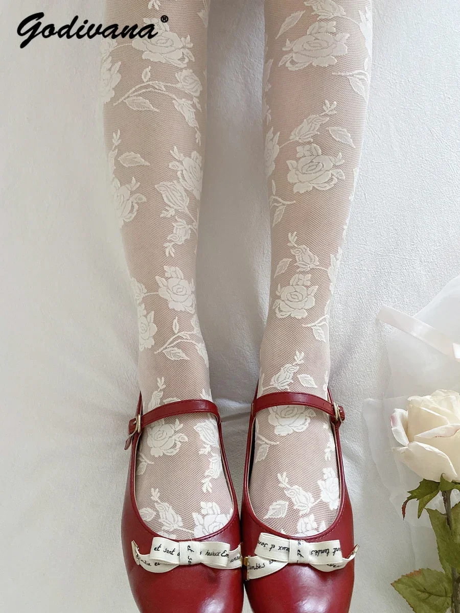 Gentle Cream Stockings Women's Spring Summer Thin Japanese Sweet Romantic Rose Lace Retro White Socks Ladies Sexy Pantyhose