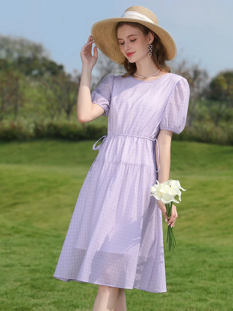 I BELIEVE YOU Spring Summer Dress French Solid Purple Women Elegant Dresses Puff Short Sleeve High Waist Vestidos 2232095073