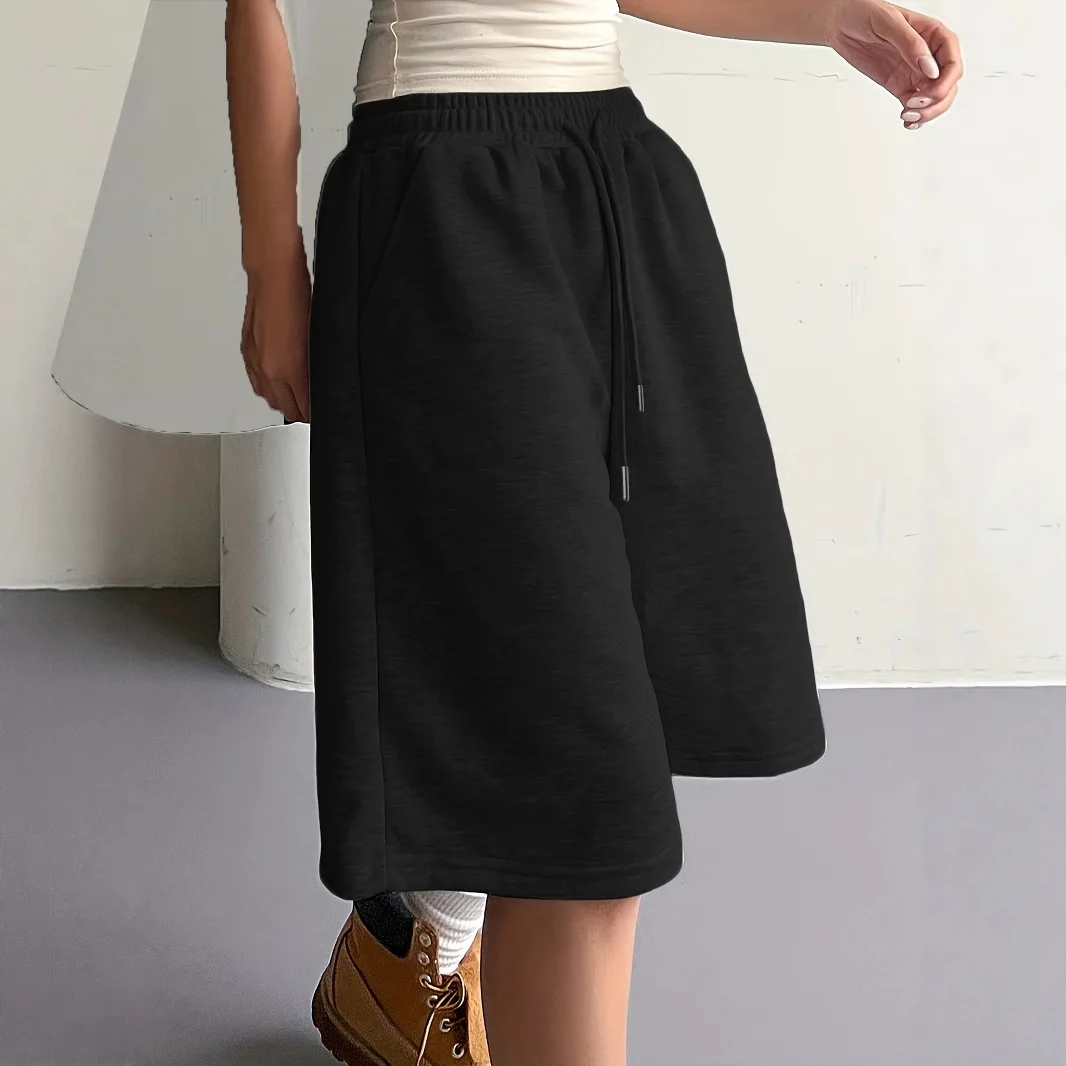 Women's Bermuda Shorts Casual Athletic Wide Leg Loose Fit Elastic Waist Drawstring Mid Length Summer Streetwear Shorts for Women