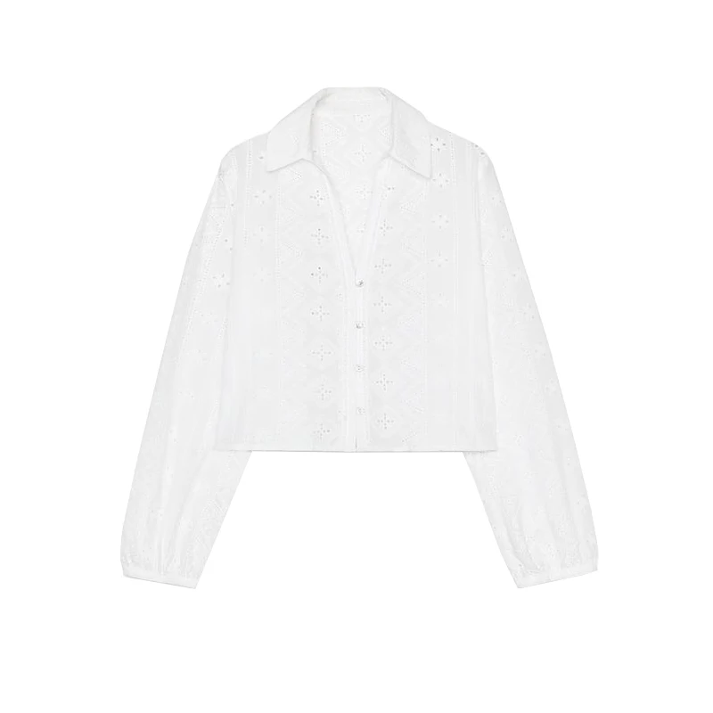 

Spring Summer New Women's Cotton Hollow Embroidery Faion Turn-down Collar ort irt Top Single Button Casual Busin