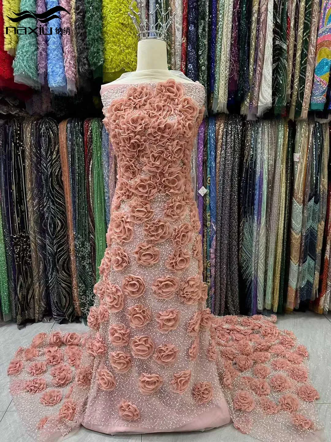 

Madison Luxurious 3D Nigerian African Beaded Lace Fabric High Quality Sequins Embroidery African French Lace Fabric For Sewing