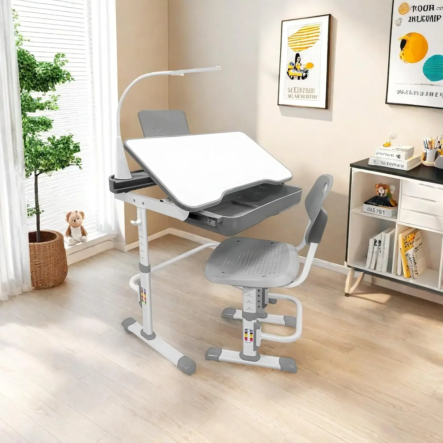 Kids Desk and Chair Set w/LED Light, Height-Adjustable for Age 7-15 | Ergonomic, Adjustable Tilted Desktop, Spacious Storage