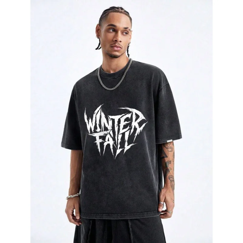 تي شيرت رجالي مغسول أسود شتاء خريفي مطبوع نمط ونص جودة عالية 100% قطن 230 جرام