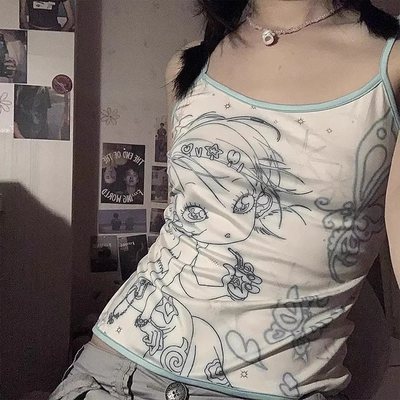 Karrram Y2k Aesthetics Cami Top Fairycore Anime Print Camisole 2000s Kawaii Crop Top Japanese Harajuku Tank Tops Grunge E-girls