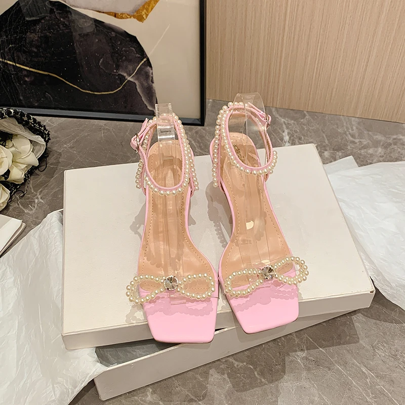 

Square Toe Rhinestone Pearl Beading Women Sandals Buckle Stiletto High Heels Solid Color Elegant Dress Shoes Summer Ladies Pumps