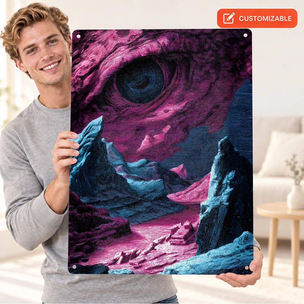 Cosmic Vision Eye Watching Mountains Aluminum Poster Astronomy Graphic Bedroom Wall Art Personalized Metal Sign Collector Gift