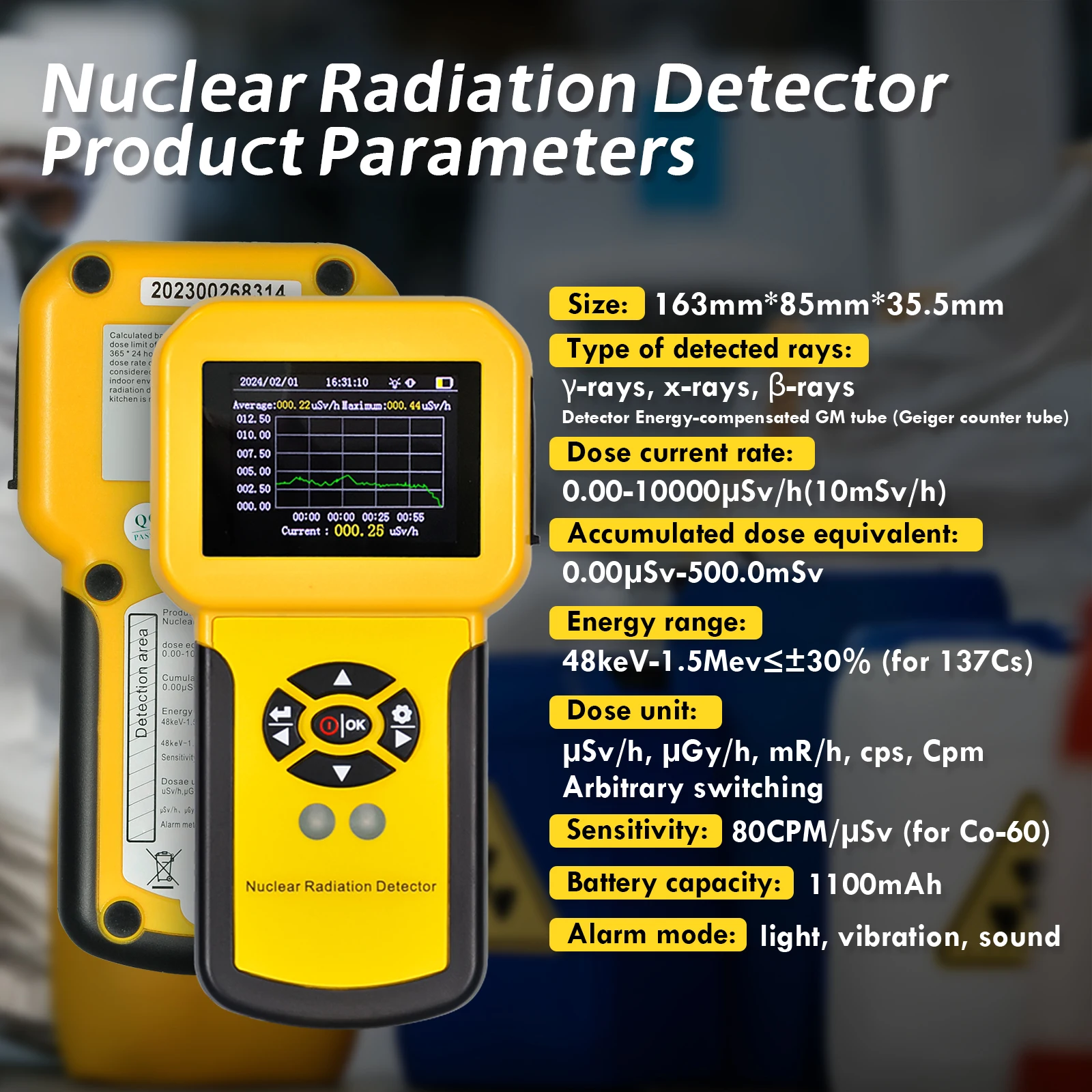 

Rechargeable Geiger Counter & Nuclear Radiation Detector - LCD Display & Alarm for Beta, Gamma, X-Ray Detection - Accurate CPM