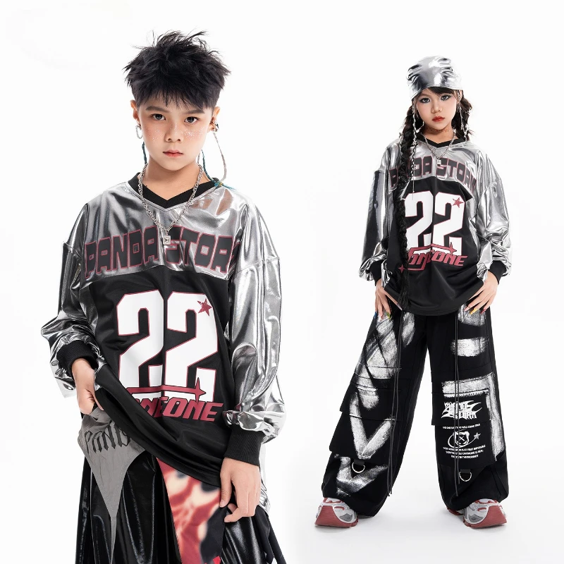 

Boys Hip Hop Clothing Long Sleeve T Shirt Top Black Baggy Pants Girls Jazz Dance Costume Group Street Wear Stage Performance Set