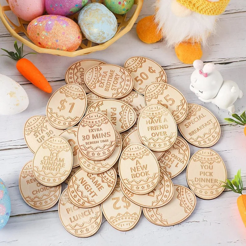 Kids Easter Egg Fillers- Wooden Easter Reward Tokens, Easter Prizes Stuffers Coins, Family Night Tokens, Unique Family