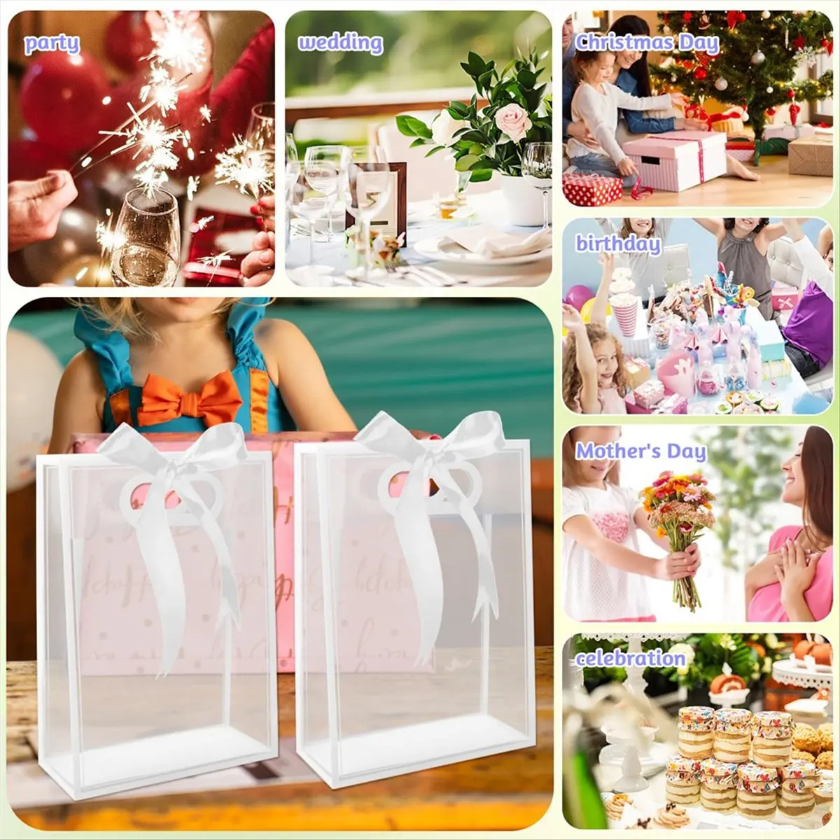 Efficient- 20Pcs Clear Plastic Gift Bag with Die Cut Handles Reusable Flower Candy Bag with Ribbon White