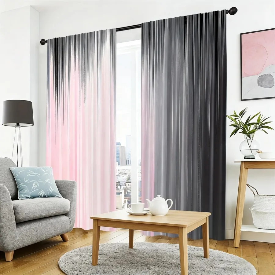 2PCS Digital Print  Curtain, Pink Black Gradient Stripes, Aesthetic Room Decor  Curtain for Apartment Dorm Bedroom