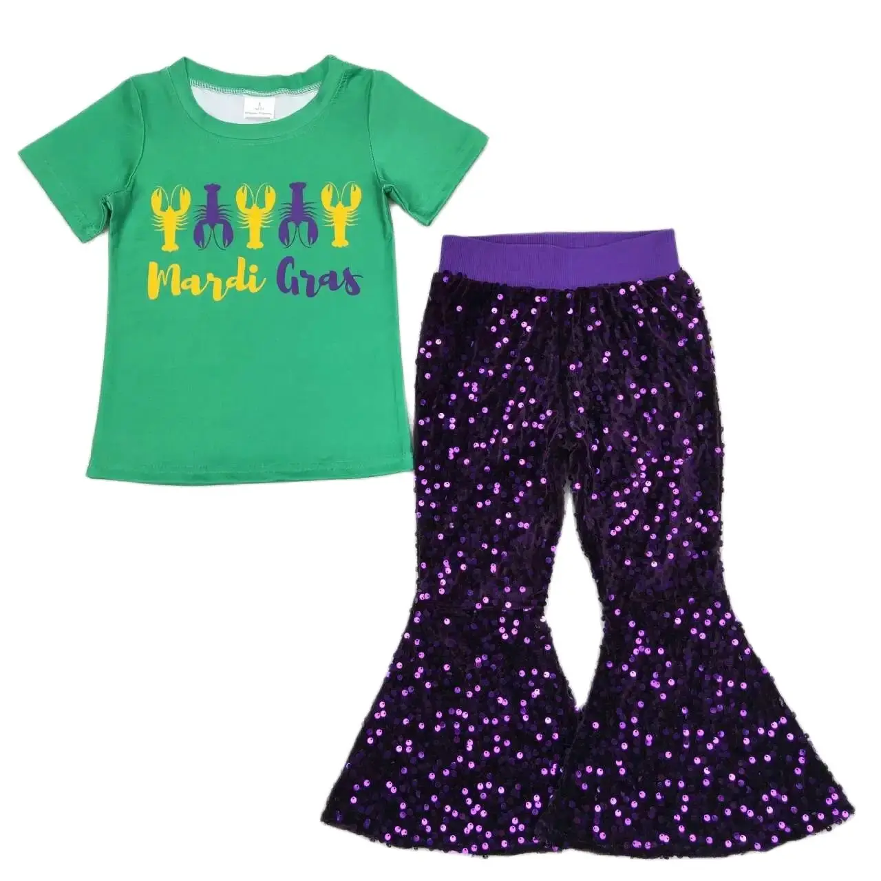 Wholesale Baby Girl Mardi Gras Outfit Short Sleeves Crawfish Shirt Kids Sequins Bell Bottom Pants Toddler Children Set Clothing