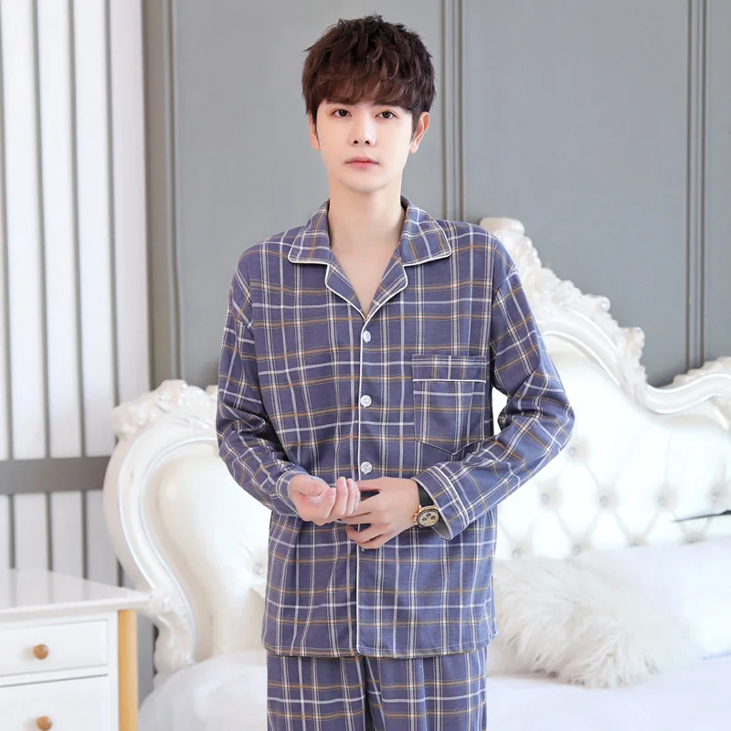 Spring Autumn Men's Imitation Cotton Pajamas Long Sleeve Cardigan Two Piece Set Oversized Loose Casual Comfortable Home Clothing