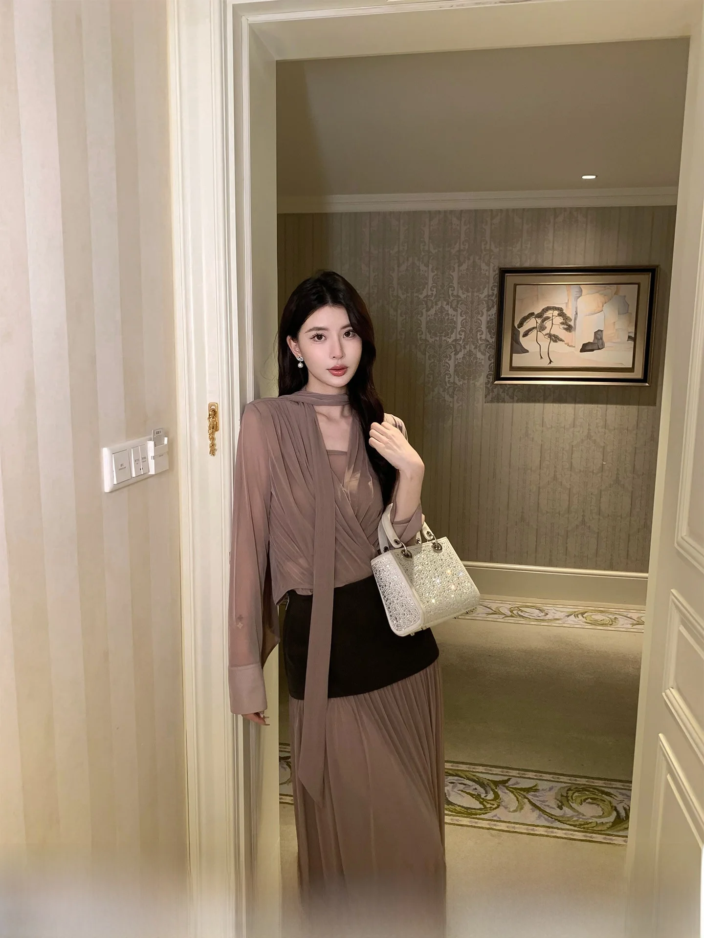 

Ele Wooden Incense Knitted irt Set Women's Top f Skirt Two Piece Spring New Faion Casual Loose Fit V-Ne Polyester