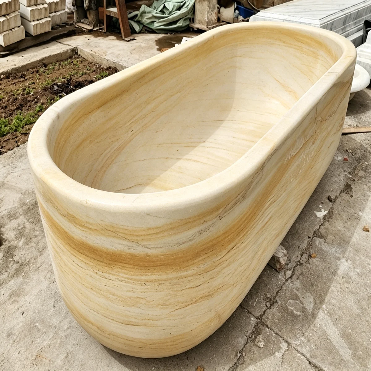 #￥Wholesale Natural Yellow Wood Grain Marble Bathtub Deep Soaking Freestanding Stone Tub for Modern Home Bathroom Project