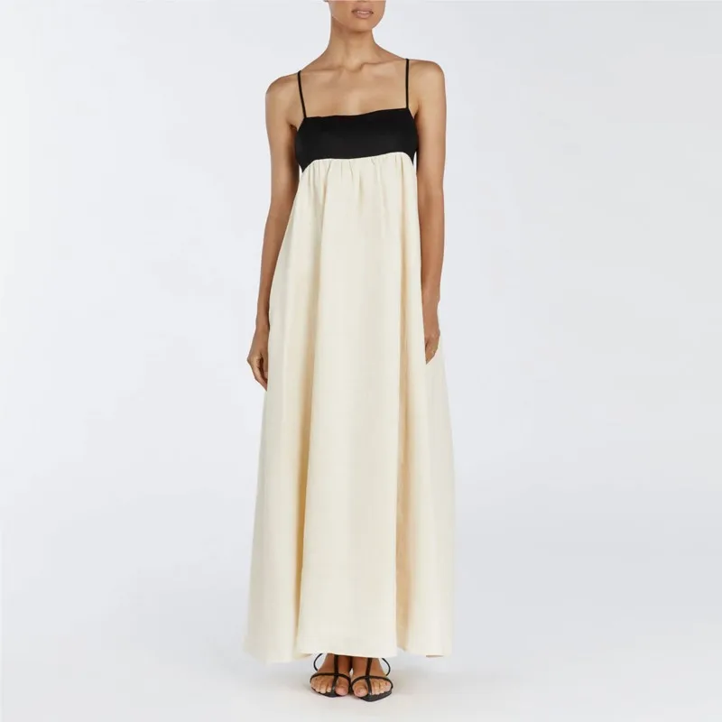 عطلة السباغيتي فستان بحزام فساتين Vestidos 2025 امرأة المرقعة التباين عارية الذراعين سليم حبال مزاجه أنيقة كل مباراة