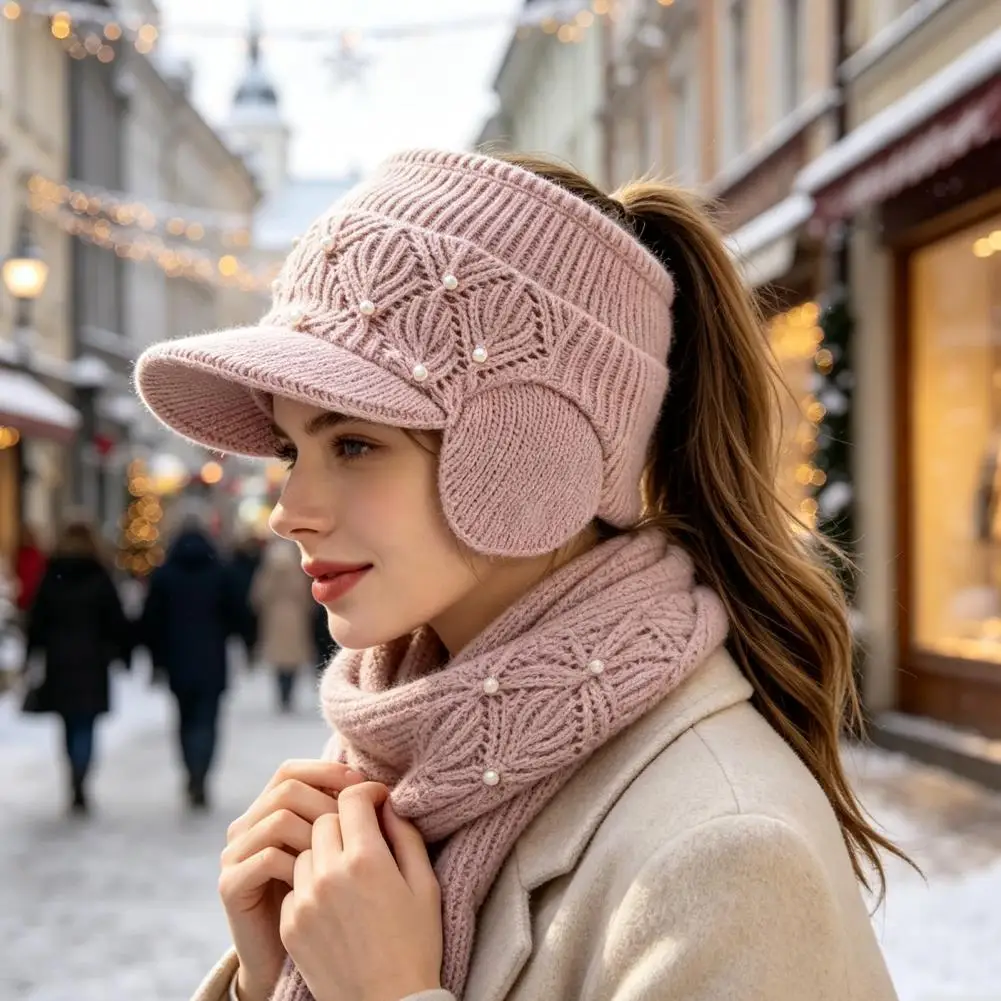 Warm Ear Protection Cap Autumn Winter Sports Visor Winter Ponytail Hat with Ear Flaps Women’s Knitted Peaked Cap for Outdoor