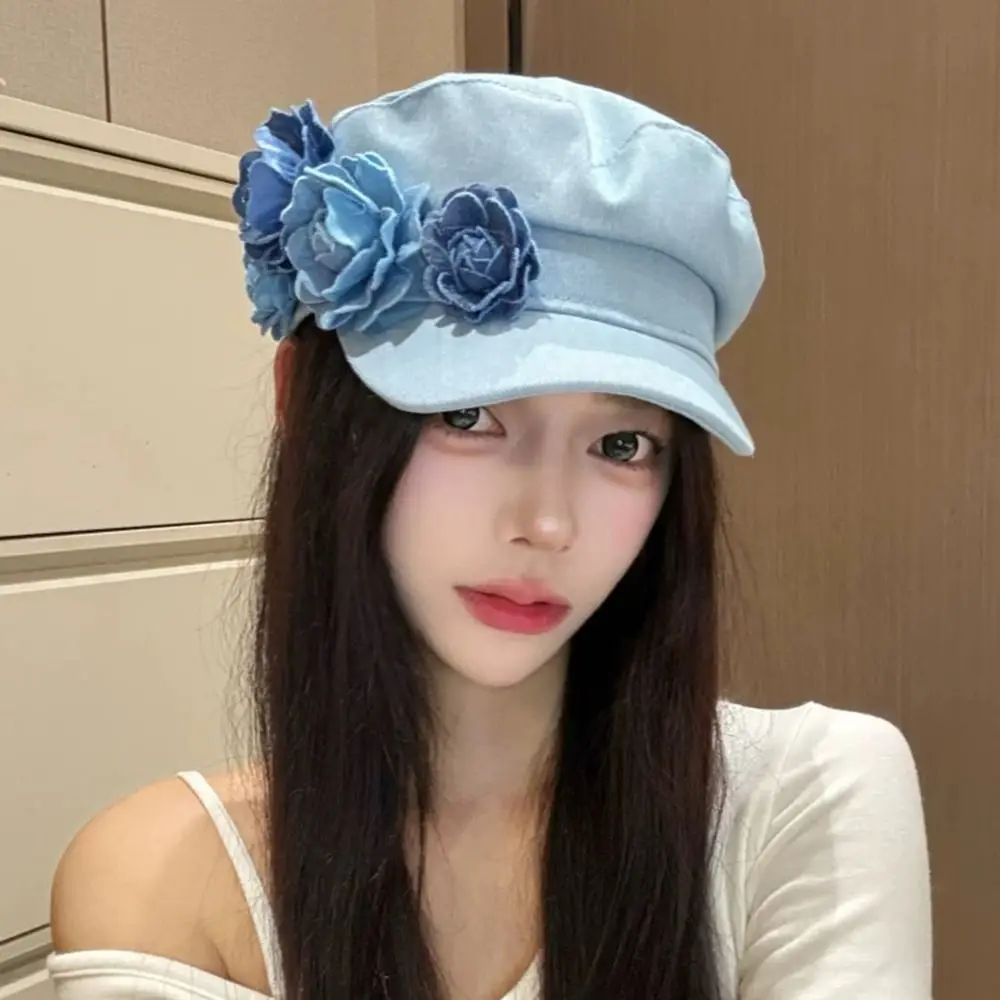 

Artistic Denim Camellia Beret Hat Adjustable Korean Style Flower Flat Top Hat Sweet Exquisite Painter Caps Fashion Accessory