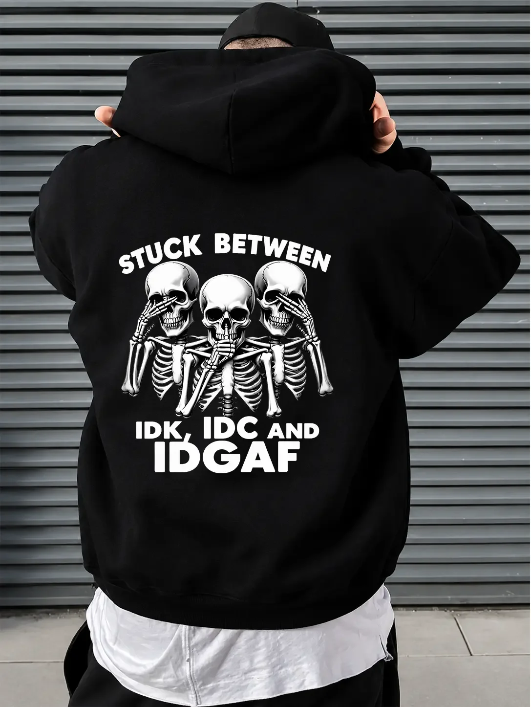 Stuck Between IDK IDC and IDGAF Hooded Sweatshirt, Funny Skeleton Graphic Hoodie, Sarcastic Dark Humor Pullover for Women Men, See Hear Speak No Evil Skull Design, Meme Quote Apparel, Attitude Gift, Casual Streetwear