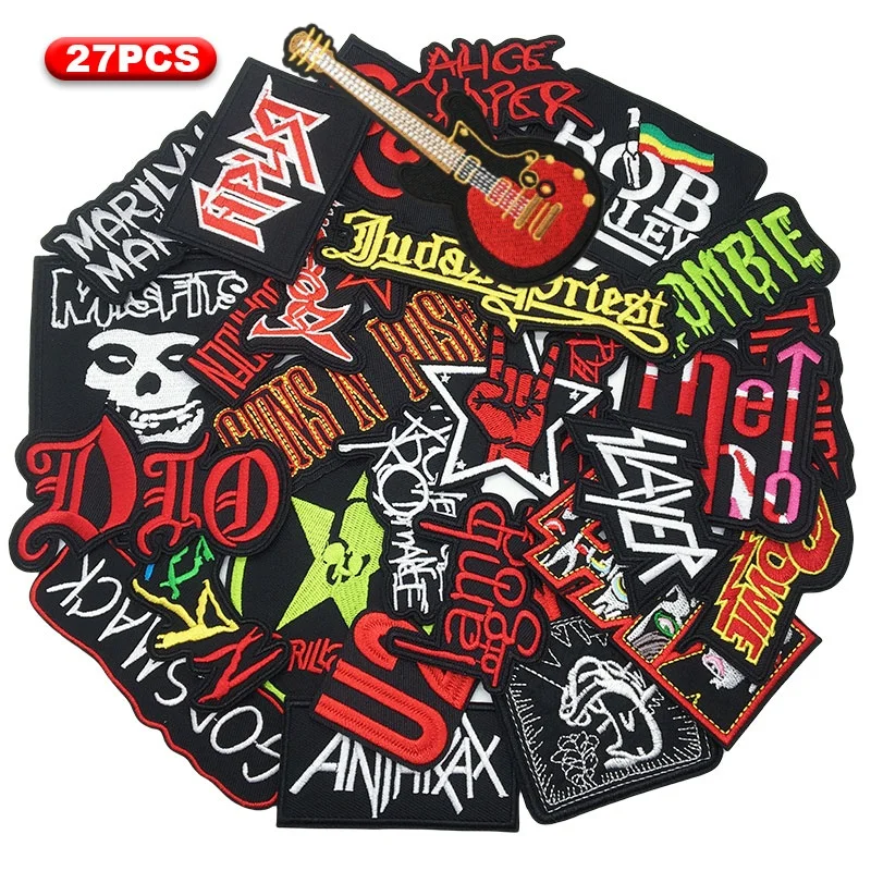 

27pcs/lot Music Rock Band Patches Clothes DIY Iron on Embroidered Patches for Clothing Jacket Jeans Stickers Appliques Stripes