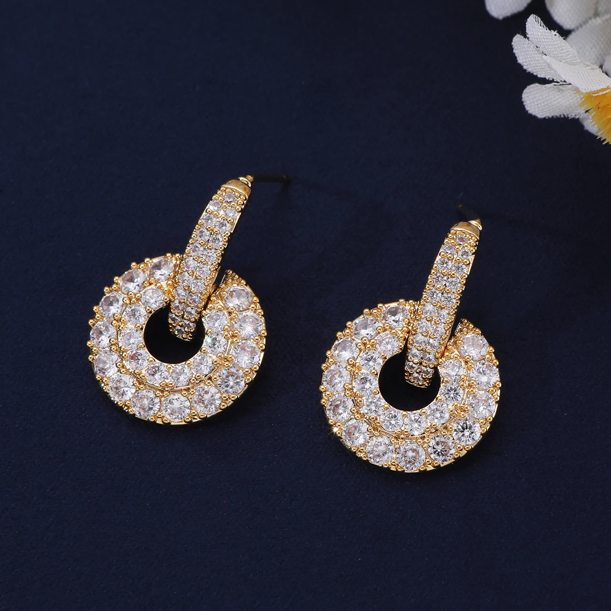 Double Interlocking Circle Pave CZ Drop Earrings, Two Layer Round Crystal Hoop Statement Earrings For Wedding Bridal Party