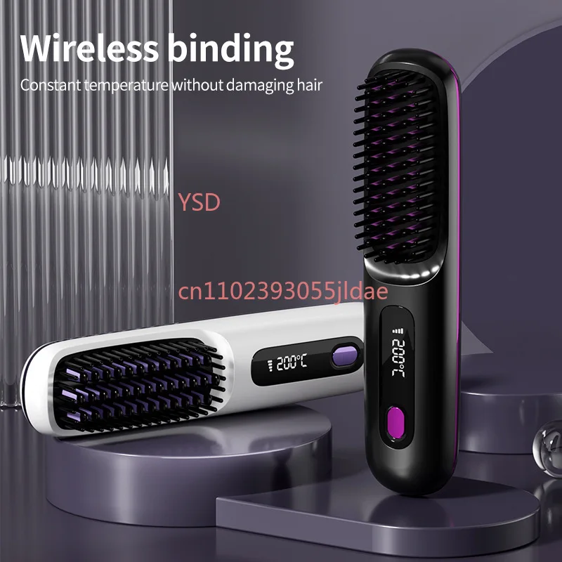 Wireless LCD Hair Straightener Brush, Ceramic Heated Negative Ion Styling Comb