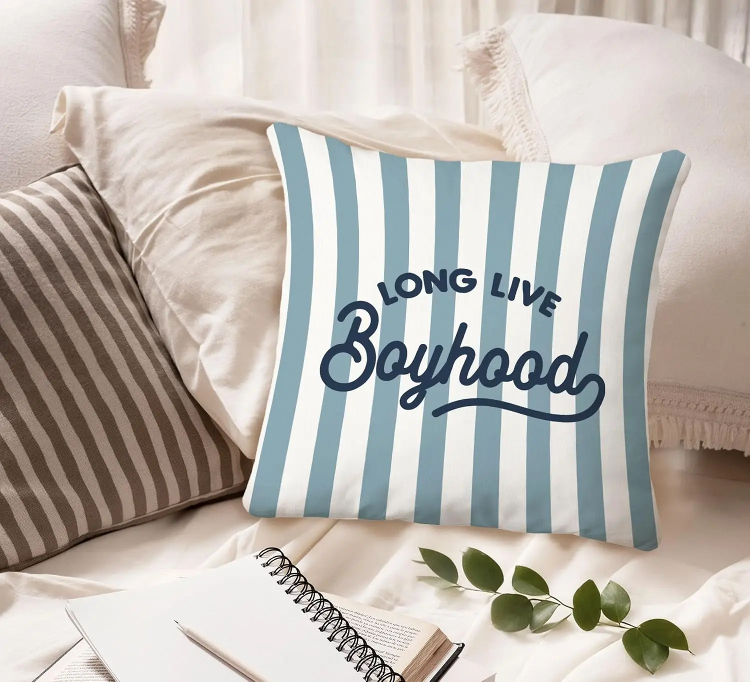 Blue Striped Pillowcase Cushion Cover Long Live Boyhood Nautical Accent Pillow Home Decor Throw Pillow Square 45x45cm Bedroom De
