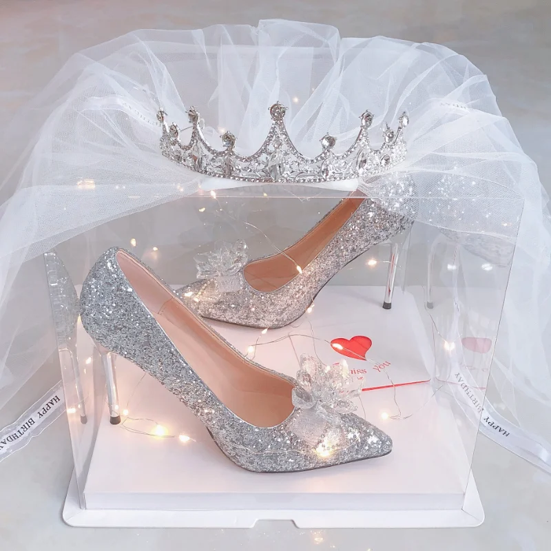 Shoes for Girls High Heels Rhinestone Elegant Woman Heeled Dress Bridal bow sweet Stiletto Princess style Birthday Gifts Adults