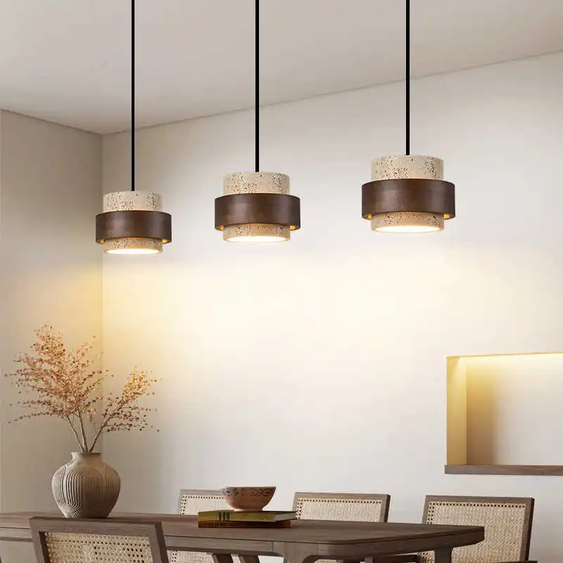 Led Pendant Lamp Bedroom Beside Chandelier Small Stone Light Wood Walnut Color Hanging Lighting Fixture Retro Bar Restaurant