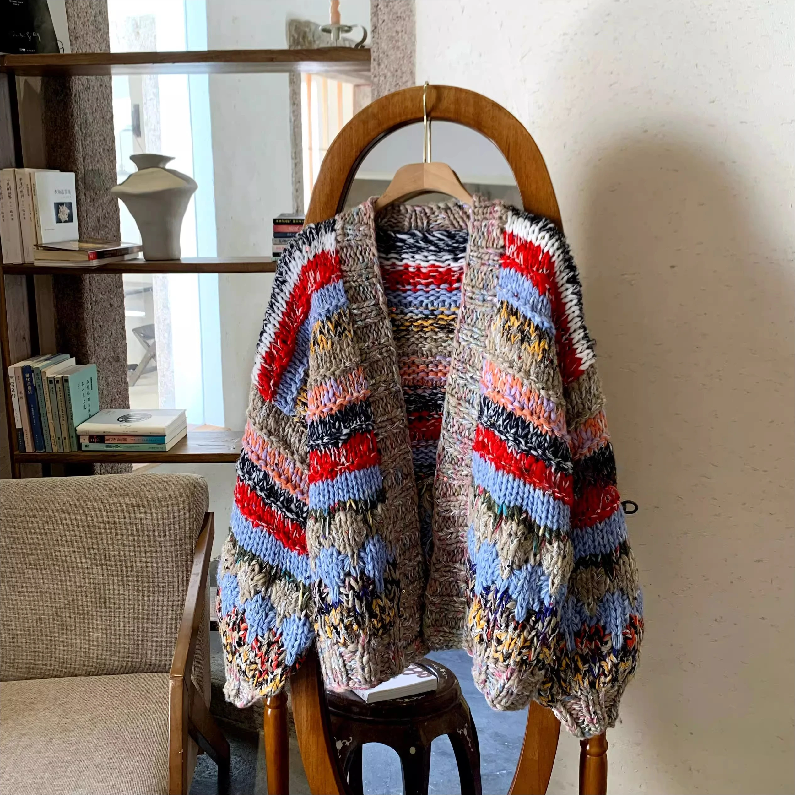 Women Vintage Multicolor Chunky Knit Cardigan Color Block Loose Fit Open Front Sweater Coat Long Sleeve 2025 Fall Winter Outfits