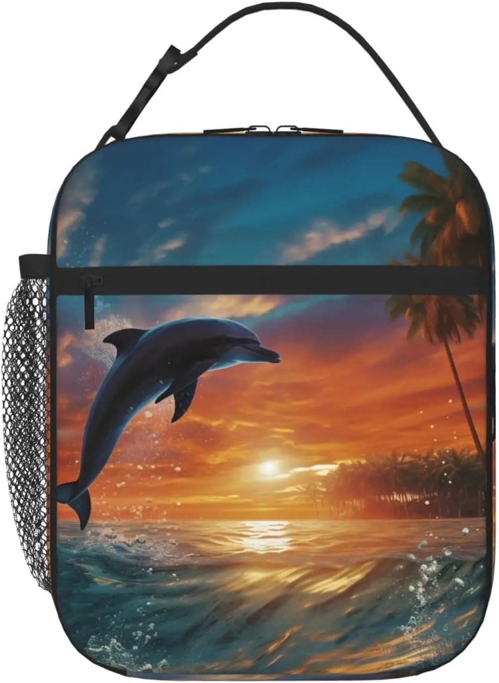 

Insulated Lunch Bag Dolphins and Palm Trees Printed Lunch Box for Women Men Reusable Portable Lunchbox for Travel Work Picnic