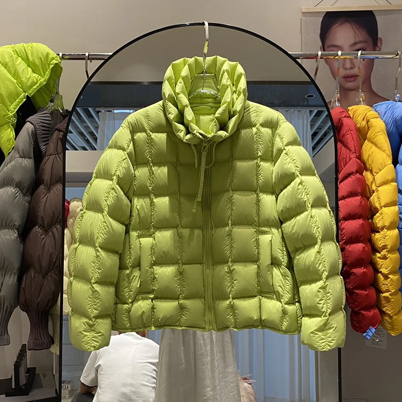 Winter White Duck Down Waterproof Outwear Women Double Stand Collar Grid Down Jacket Female Warm Thick Zipper Fluffy Down Jacket