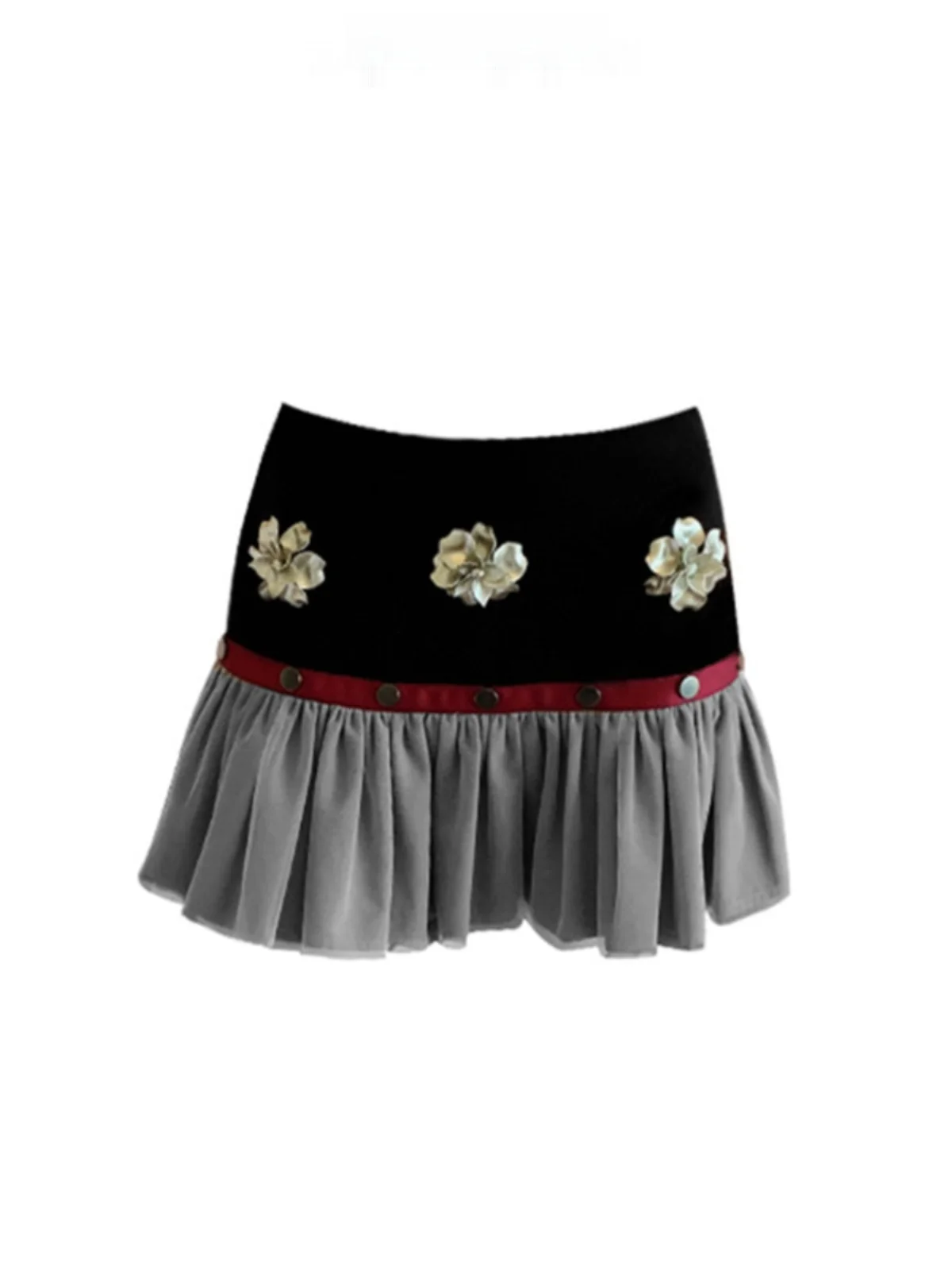 

Paris Letter Vintage Jam Velvet Patchwork Decorative Flower Pleated Half Skirt Women's Commute Style Spring Season plus Size