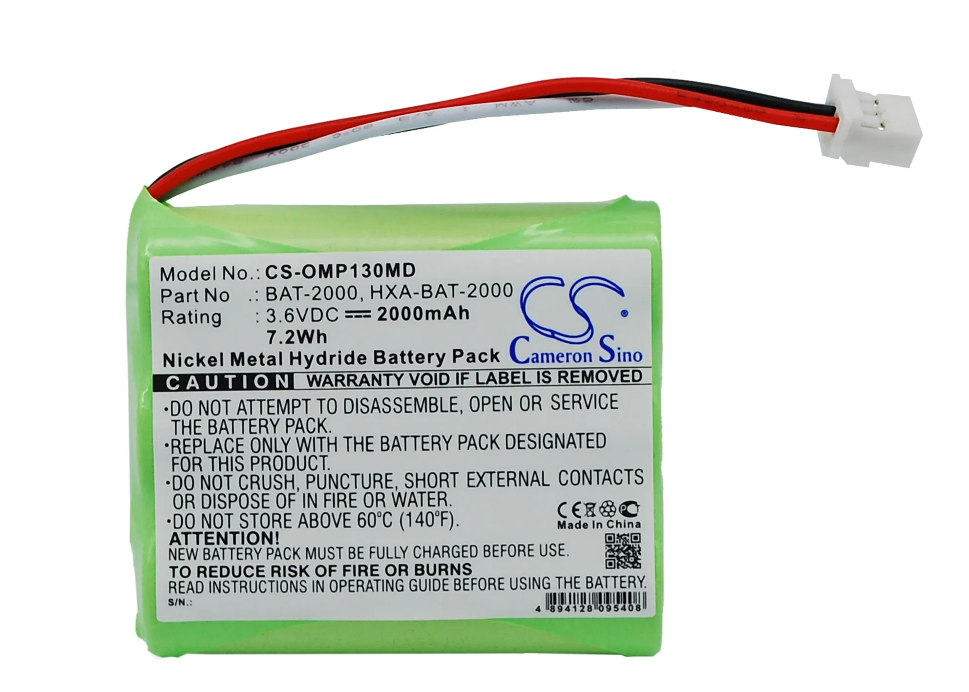 Cameron Sino 2000mAh/7.20Wh Battery For OMRON:HBP-1300,HBP-1300 blood pressure monitor,HBP-1320,BAT-2000,HXA-BAT-2000,Ni-MH,3.6V