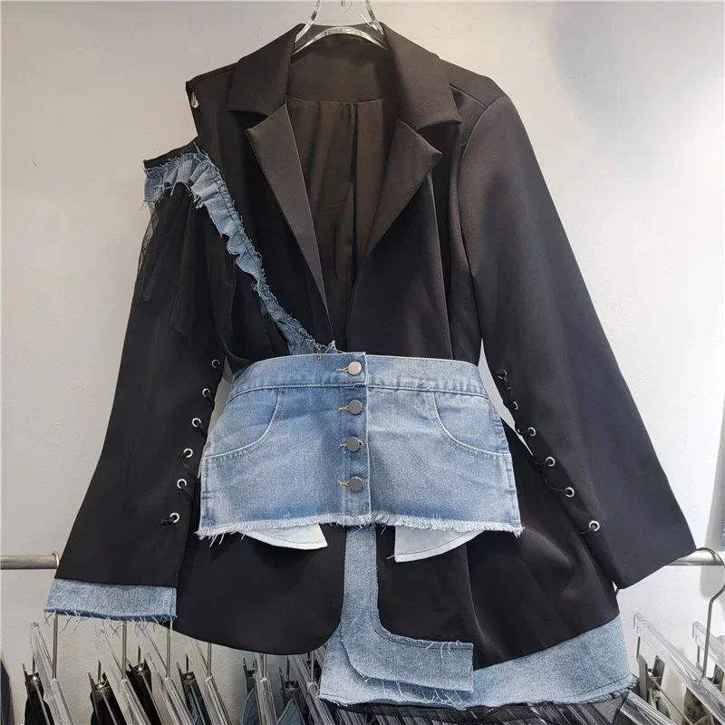 Fashion Patchwork Denim Suit Jacket For Women's Autumn High Quality Temperament Color Blocked Jacket High Street Versatile Top