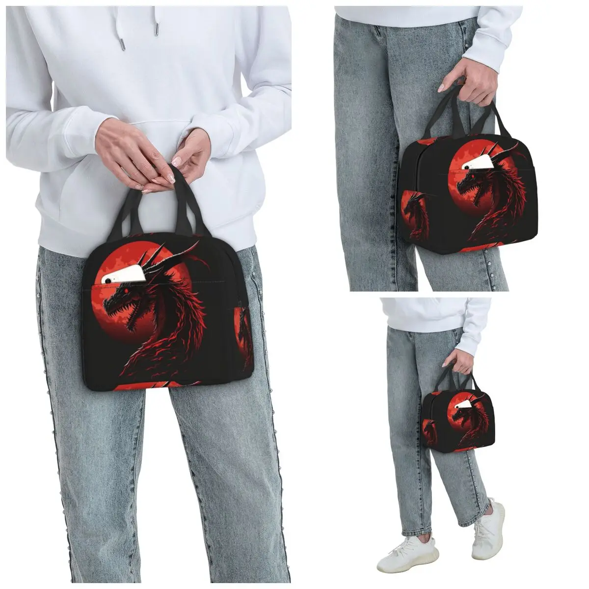 Dragon Red Moon Pattern Insulated Lunch Bag for Women Office Cooler Thermal Food Box Tote Portable Lunch Boxes Container