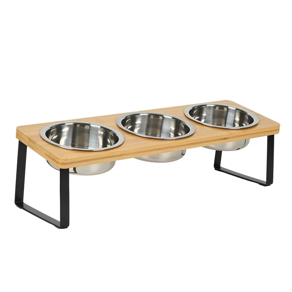 

Non Slip Wood Cat Bowl Stand Anti-Leak with 3 Bowls Dog Water Feeding Dish Anti-Vomiting Pet Food Water Bowl Dry/Wet Food