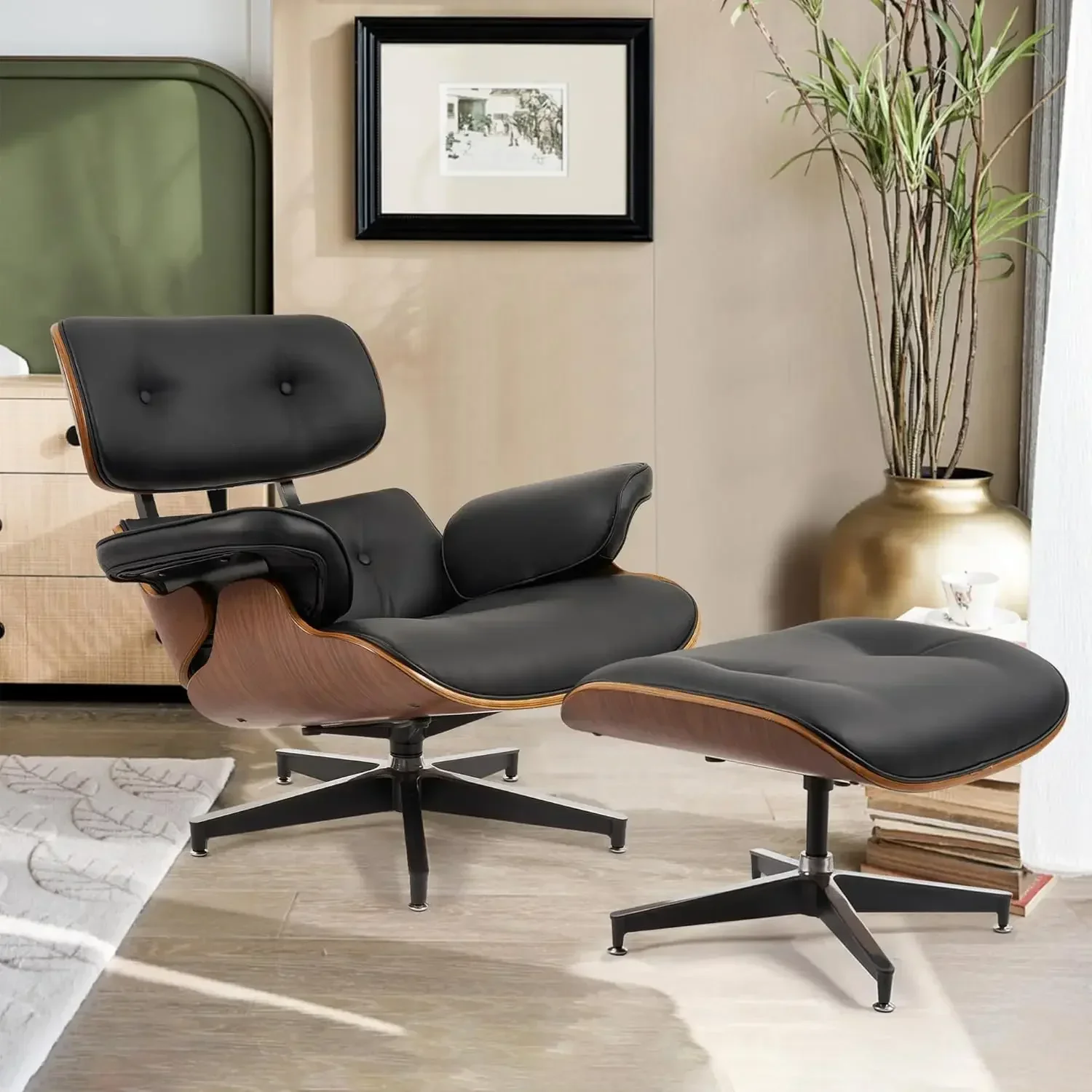 Top PU Leather Lounge Chair with Ottoman, Comfy Recliner with Wide Armrest, Mid Century Modern Accent Chair