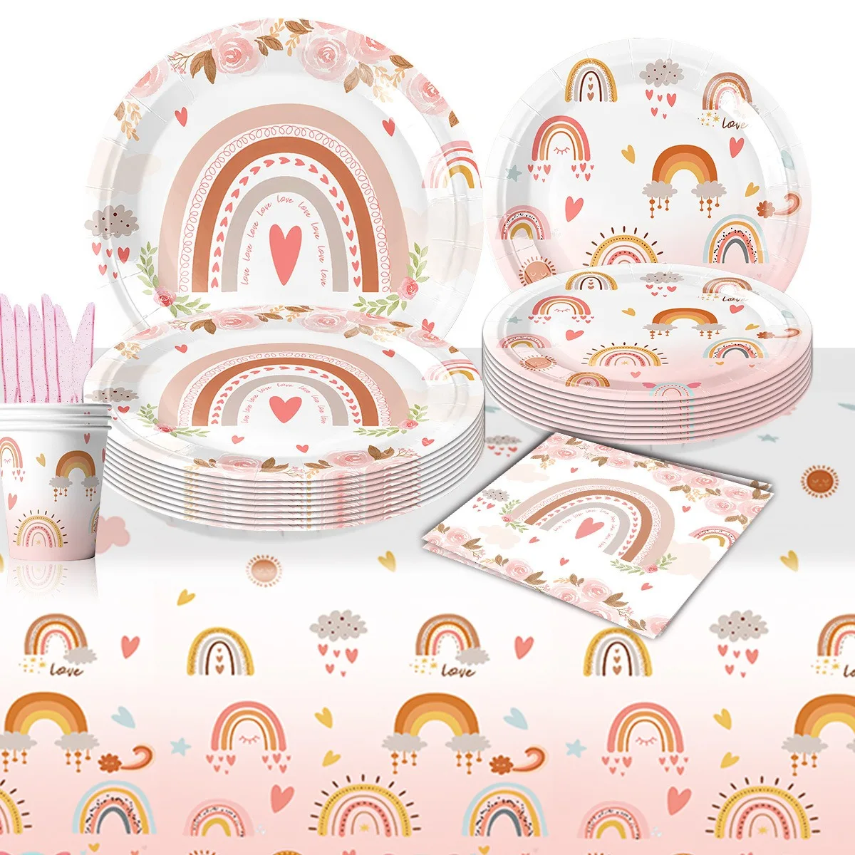 Assiettes en Papier Rose Arc-en-Ciel, Poulet, Gobelets, Serviettes, Décor de ixd\'Anniversaire, 10 Pièces