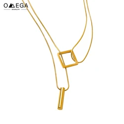 Double Layer Minimalist Necklace For Women Stainless Steel 18k Gold Plated Women's Thin Necklaces With Square Cylinder Pendants