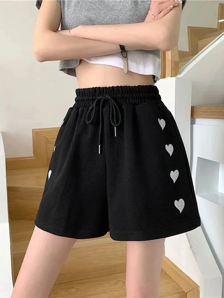 

Jmprs Cute Love Print Shorts Women Casual Loose Kawaii Sport Shorts Korean Fashion High Waist Female Summer Lace Up Chic Shorts