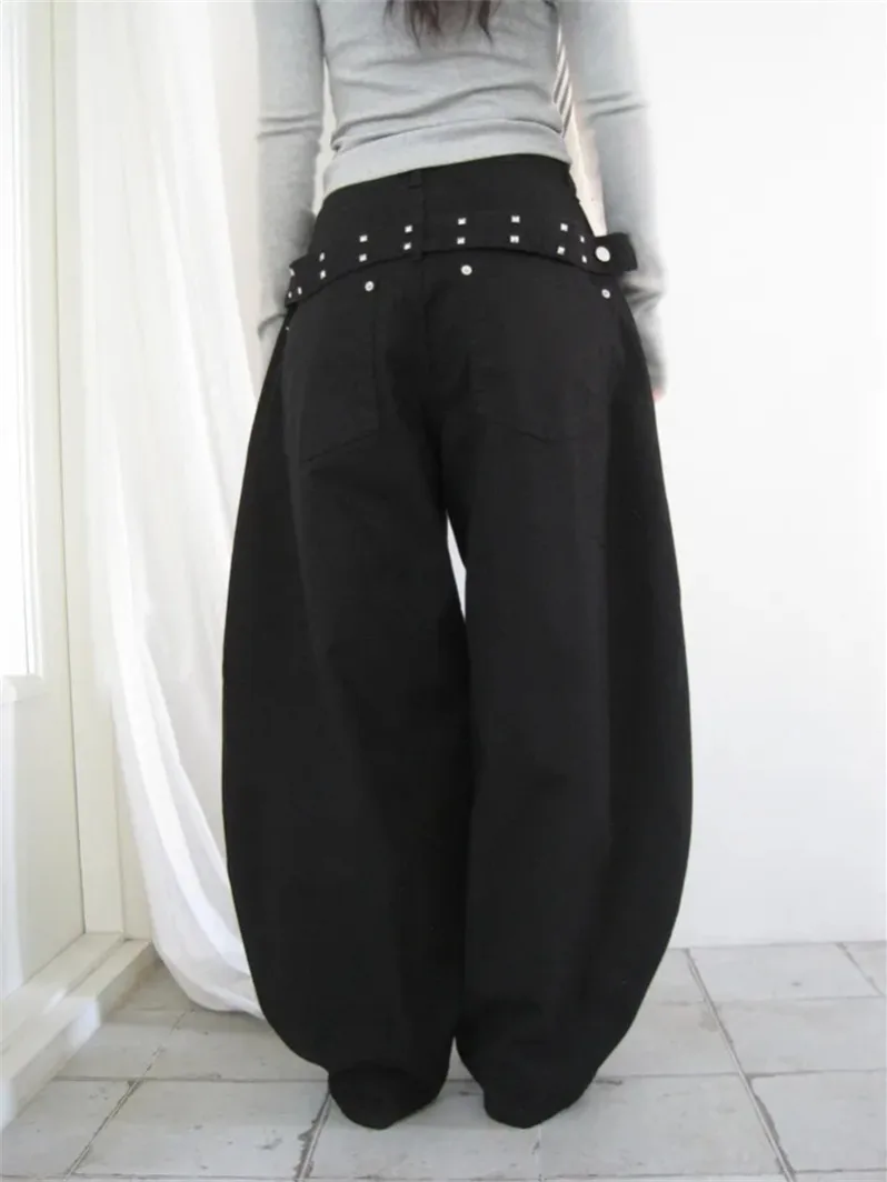 리벳 장식 와이드 레그 청바지 여성용 하이웨이스트 벨트 바 퍼스널리 겨울 신상 슬레 출퇴근 스타일 순수 전자상거래 중국 ...