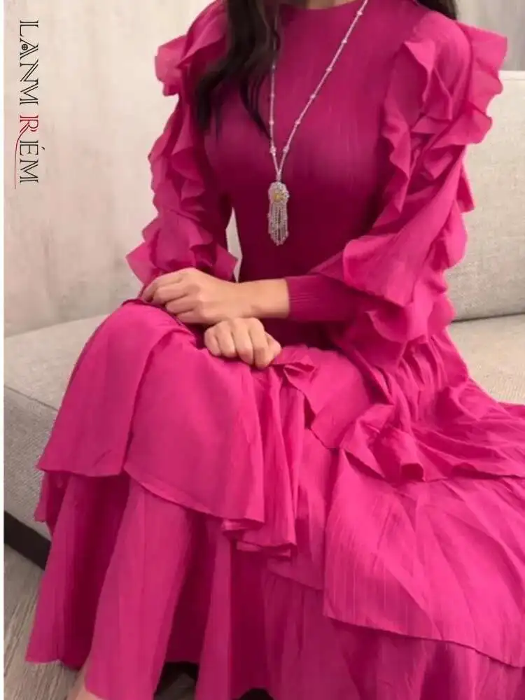 Lanmrem Rüschen Plissee Kleid Frauen lange Ärmel Mode einfarbig hohe Taille Nähte Kleider Party kleidung neu 2 da1713