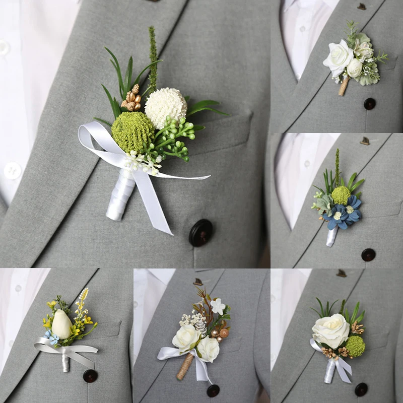 Boutonniere Mariage Homme Artificial Silk Rose Tulip Hydrangea Brooch Bride Wedding Corsage Groom Ceremony Flower Party Decor