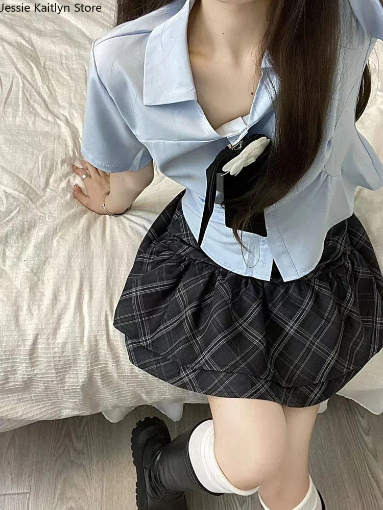 JK ชุดนักเรียนญี่ปุ่นน่ารักชุดสองชิ้นสำหรับ MODE Korea ชุดเสื้อวินเทจสีฟ้าและกระโปรงลายสก๊อตขนาดเล็ก